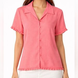 Baby Pink Sheer Button-Front Short Sleeve Blouse with Ruffle Trim